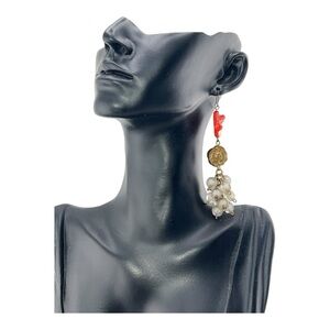 2095. VINTAGE BRONZE COLOR HOOK DYED‎ BLISTER PEARL AND ACRYLIC DANGLE EARRINGS